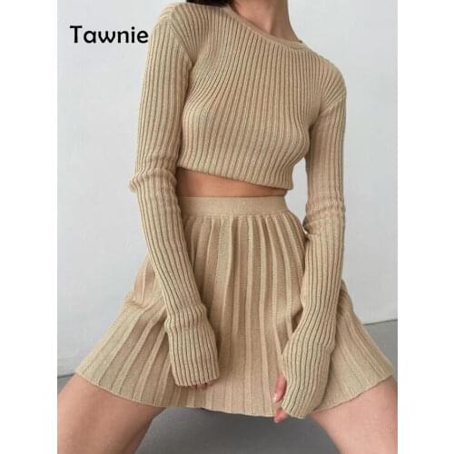 Gitana Autumn Knitted Skirt Sets Women Suits with Skirt Green Long Sleeve Slim Crop Sweater and Pleated Skirt 2 Piece Sets