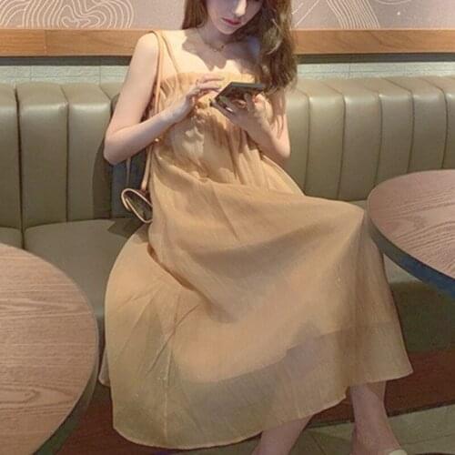 Beach Party Midi Dress Women Summer 2021 Retro France Elegant Spaghetti Strap Dress Backless Sexy Korean Fashion Casual Sundress