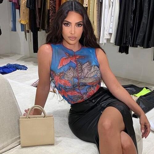 Sexy Mesh Tank Tops Elegant Tanks Print Fashion Crop Top Slim 2021 Casual Women Female Sexy & Club Blue Short Sleeveless Lurebuy