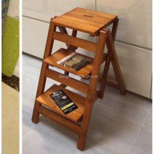 Solid Wood Step Stool Household Folding Ladder Space Saving Multi-functional Thickened Step Chair Dual Purpose Indoor Climbing T
