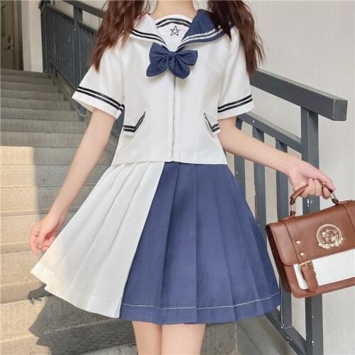 Lolita Set Shirt With Pleated Skirt Navy Girl Jk Uniform Summer Student Sailor Short Sleeve Top Womens Kawaii Outfit Cosplay