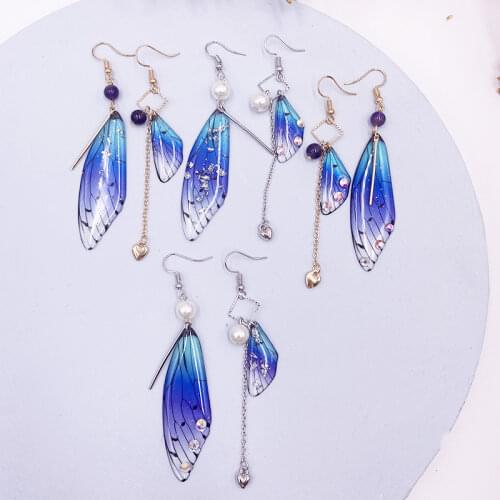 Minar Fantasy Rainbow Neon Color Resin Butterfly Cicada Wings Drop Earrings for Women Sequins Crystal Buttterfly Dangle Earrings