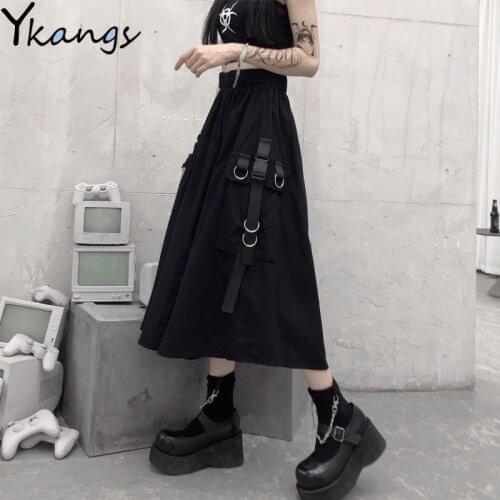 Summer Black Cargo Skirts Girls gothic chain Side Ring Pocket Midi Skirt Women Korean Hip Hop Streetwear Harajuku Long Saia 2021