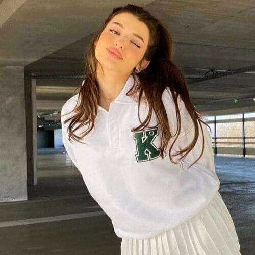 White K Letter Embroidery Anime Hoodie Oversized Winter Autumn Vintage Y2K Sweatshirt Women Long Sleeve Elegant Polo Pullovers