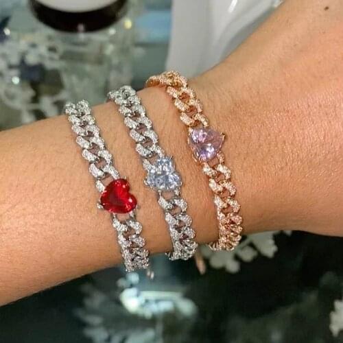 Hip hop fashion Jewelry Choker necklace bracelet set heart arrow rose gold pink cz Iced out pinky cuban chain women wedding gift