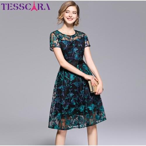 TESSCARA Women Elegant Embroidery Mesh Dress Festa Female High Quality Designer Floral Party Vestidos Vintage Office Robe Femme