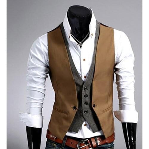 Men Formal Waistcoat Vest Business Solid Color Single Button Vest Gilet Fake Two-pieces V Neck Casual Slim
