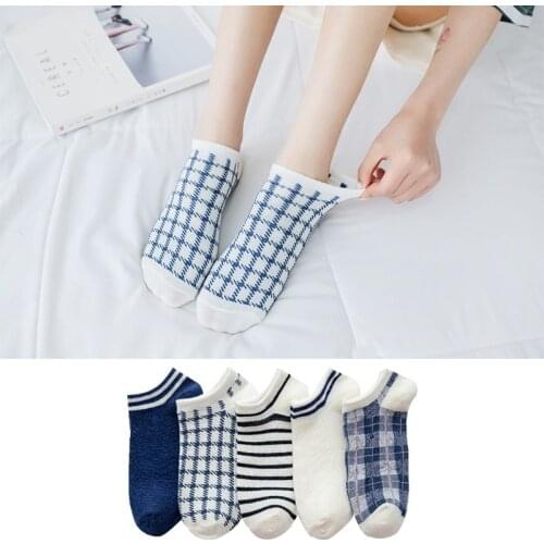 5 Pairs/Set Striped Ankle Socks Women Pack Harajuku Cute Kawaii Cotton Skarpetkie Damski Fashion Plaid Grid Short Boat Socks