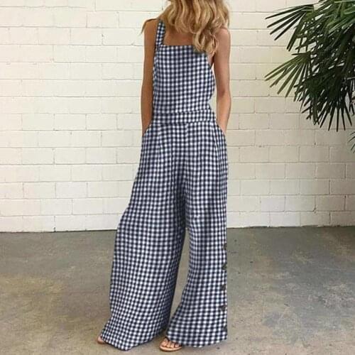 Womens Bodysuit Sleeveless Overalls Jumpsuit Casual Plaid Print Summer Wide Leg Jumpsuit women Bib Pants боди женское