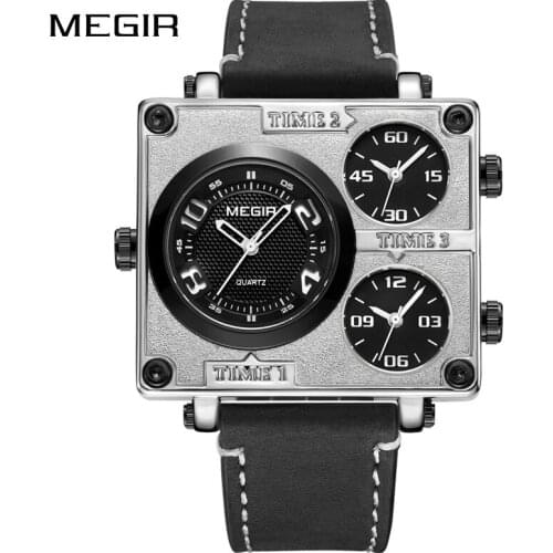 MEGIR Mens Leather Quartz Wristwatches Multi Time Zone Watches Luxury Casual Square Dial Top Brand Male Clock Relogio Masculino