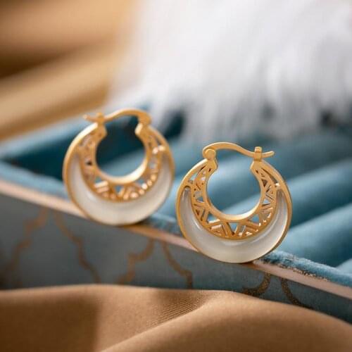 Designer original new ancient gold craftsmanship hollow Hetian jade moon earrings simple and generous silver jewelry