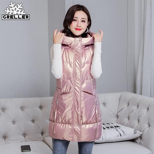 GRELLER 2021 Solid Hooded Long Vests Women Winter Waistcoat Fashion Shiny Coat Women Elegant Glossy Winter Vest Jacket Female