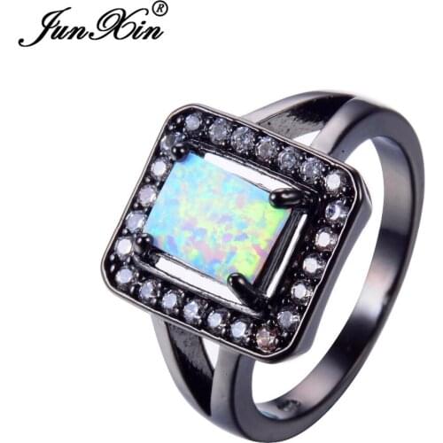 JUNXIN New Geometric Men Women White Fire Opal Ring With Crystal AAA Zircon Vintage Black Gold Wedding Rings Classical Jewelry