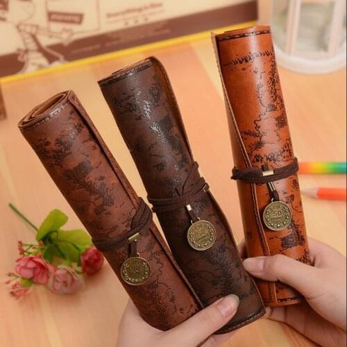 Brown Retro Treasure Map Pencil Case College Student Large-capacity Pencil Case Roll Pencil Case Leather Simple Pencil Case