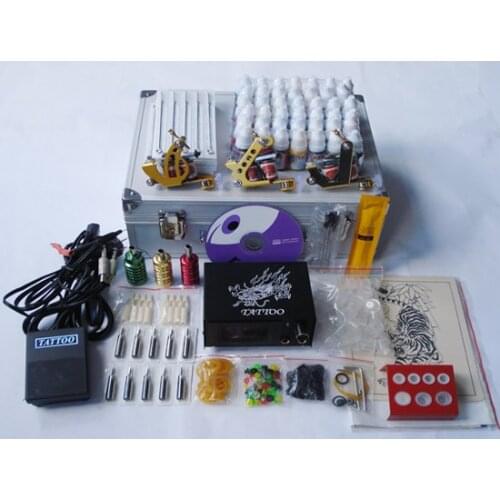 Tattoo starter set complete 3 top tattoo machine cosmetic permanent makeup gun kit with carry box