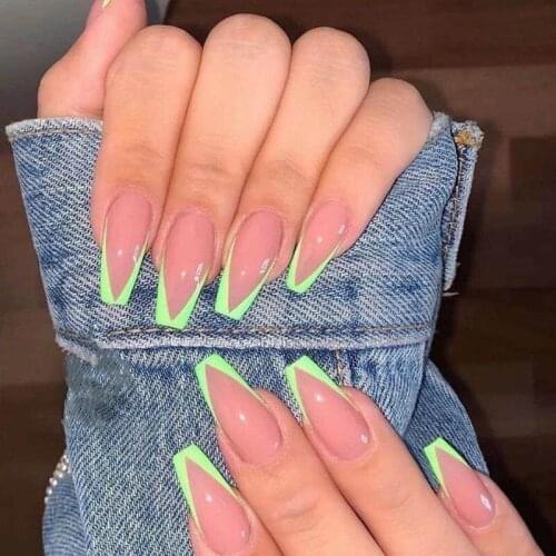 American punk style Ballet french pure color with green V pattern false nails 24pcs with glue lady full nail tips fake nails