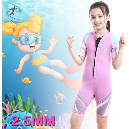 2.5mm Neoprene Girls Wetsuit Short Sleeve Sunscreen Kids Swimsuit Diving Suit Warm Surfing Snorkeling One-piece Wet Suit