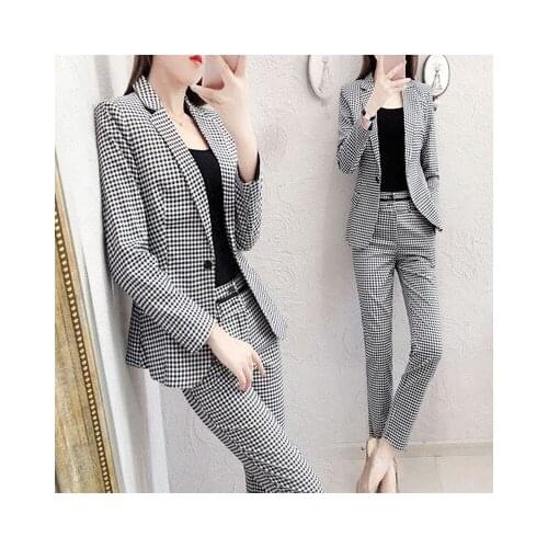 2021 Autumn Professional Fashion Pants Suit Elegant Business Suits Ladies Two Sets Office Lady Womans Suits White Black Plaid