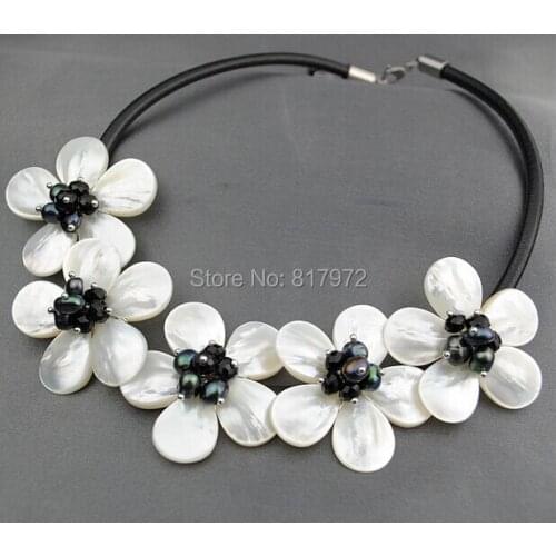 Wedding Woman Jewelry Necklace AAA Natural Real Pearl Handmade Pretty Five Flowers Bib Necklace Black Hide Rope
