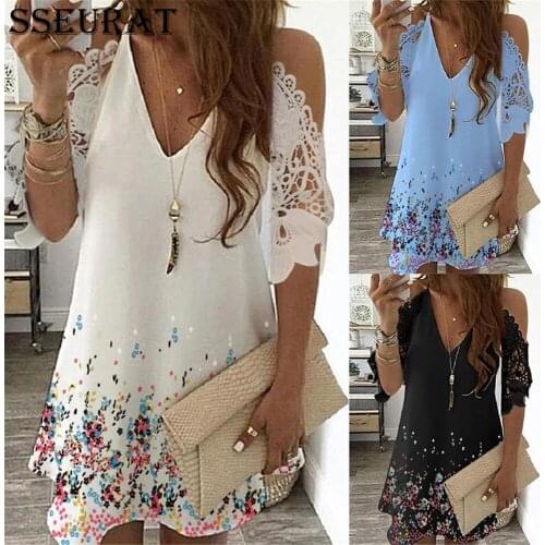 SSEURAT Sexy Off Shoulder Dress Women Vintage Floral Print Half Sleeves Midi Dresses Casual V Neck Lace Boho Beach Party Dresse