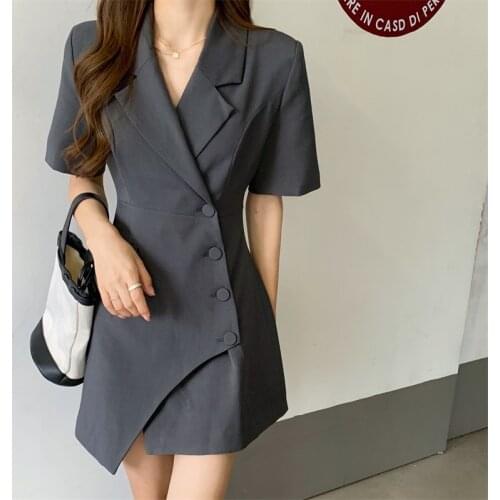 Short Sleeve Casual Suit Collar Dress Women Buttons Irregular Hem Loose Womens Clothes Summer Korean Slim Waist Suit Dresses