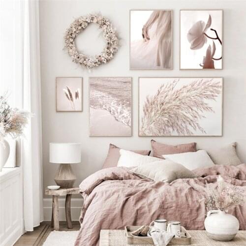 Romantic Pink Flower Beach Waves Canvas Posters and Prints Girl Sae Love Wall Art Painting Decorative Pictures Home Decor