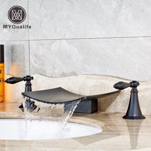 Luxury Wide Waterfall Spout Bathroom Sink Basin Mixer Faucet Two Handles Widespread Black Lavatory Sink Faucet
