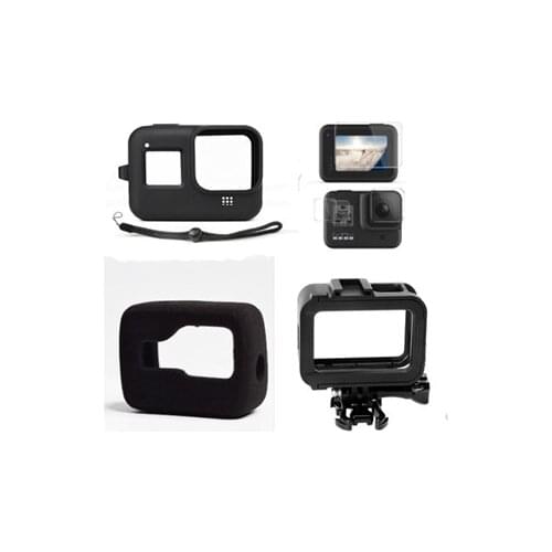 Silicone Case Glass Screen Protector Wind Noise Reduction Sponge Foam Protective Frame Case for GoPro Hero 8 Camera Accessories