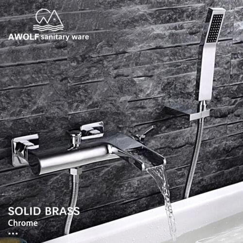 Bathroom Wall Mounted Bathtub Faucet Modern Shower Set Solid Brass Hot Cold Mixer Shower Waterfall Faucet Tap Chrome AH3040