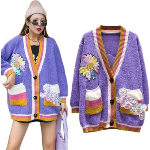 Women Casual Autumn Knitted Jacket and Coats Single Breasted Loose Cardigan Rainbow Jumper 2020 Winter Oversized Sweater Tops