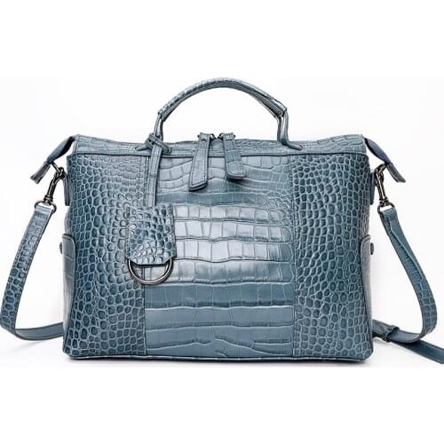 Women Real Leather Crocodile Pattern Tote Handbag Black Shoulder Crossbody Bags Large Capacity Blue Bag