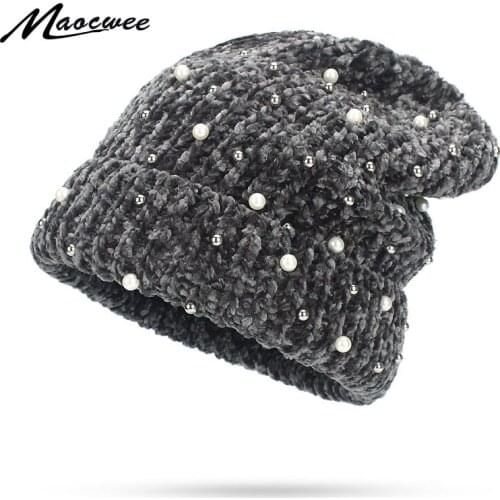 Ladies Pearl Knitted Hat Autumn Winter Beanies Girls Hats Skullies Womens Hat Bonnet Ski Hat Female Cap Headgear For Women