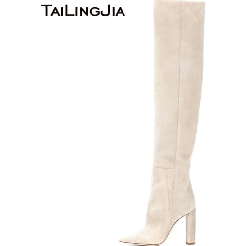 Women Beige Faux Suede Over The Knee High Slouchy Boots Pointy Toe Chunky Heel Slouch Long Boots Ladies Winter Heeled Shoes 2018