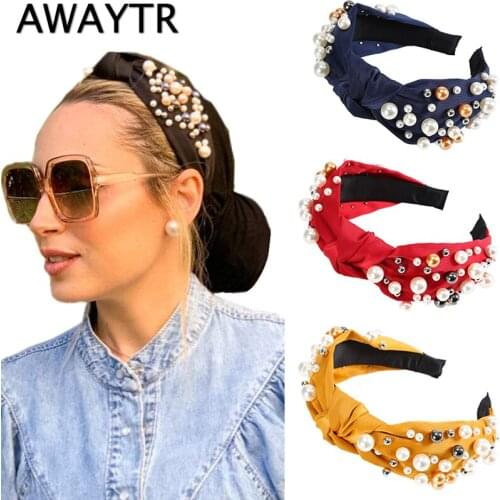 AWAYTR New Fashion Women Hair Accessories Wide Side Headband Mix Pearls Baroque Hairband For Adult Center Knot Headwear