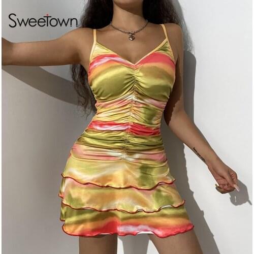 Sweetown Cascading Ruffle Y2K A Line Dress 2000s Aesthetic Kawaii Clothes Vintage Tie Dye Sleeveless V Neck Ladies Mini Dresses