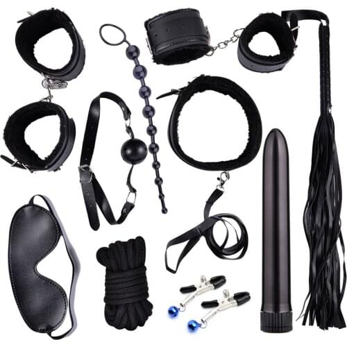10Pc/Set Vibrator Bondage BDSM Fetish Mask Sex Toys for Couples Anal Plug Flirt Handcuff Collar Nipple Clamp Anal Beads Vibrator