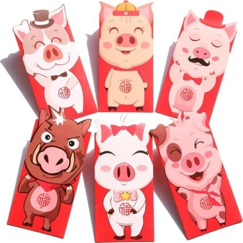 6pcs Cartoon Chinese Zodiac Pig 2019 New Year The Spring Festival Traditional Custom Paper Red Envelopes Money Bag Kids Gift