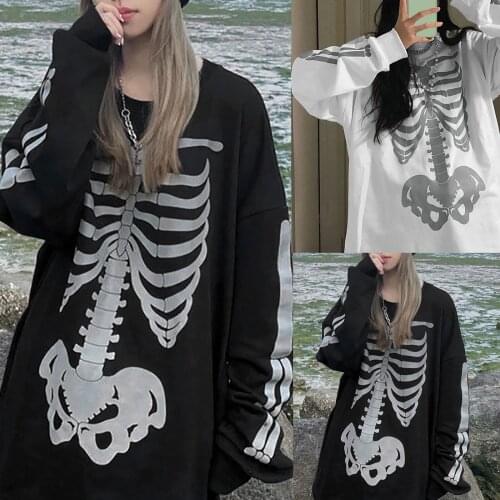 Womens Skull Print Blouse Shirt Street Hip Hop Couple Long Sleeve Loose Fashion Casual Top Loose Blusas Female Pullover Autumn