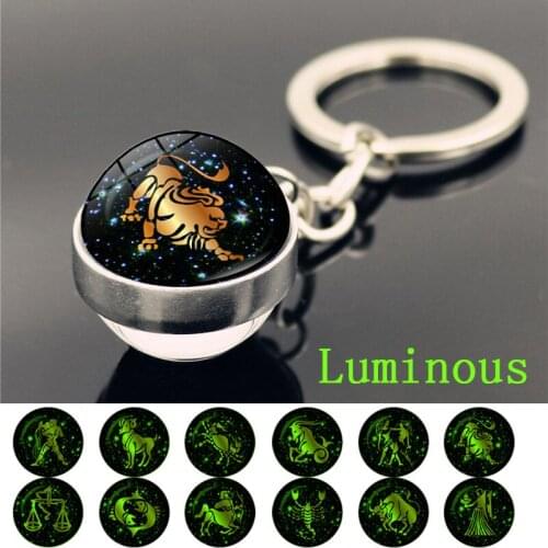 Zodiac Sign Luminous Keychain Double Sided Glass Ball Pendant Glow In The Dark Constellation Key Chain Holder for Car Key Gift
