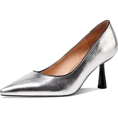 Osunlina Brand Pumps Woman Handmade Pointed Toe Slip On Party Pumps Golden Genuine Leather Thin High Heels Lady Wedding Shoes