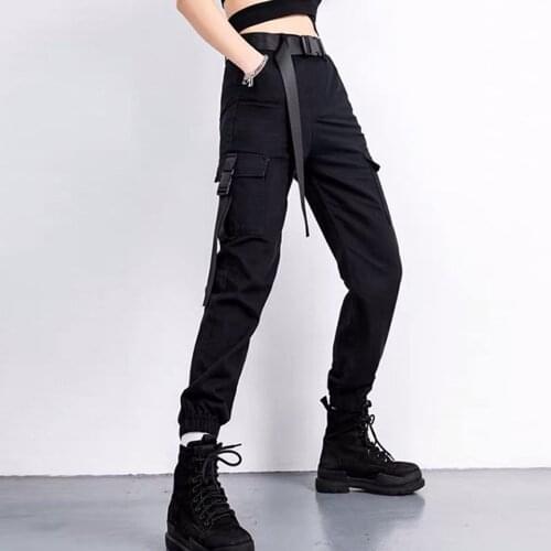 Women Fashion Hight Waist Loose Sport Work Harem Cargo Pants Streetwear Trousers With Long Belt Retro Gothic Hip Hop Pants