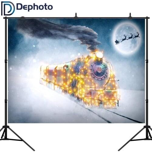 Dephoto Backdrop for Photographic Studio Christmas Winter Snow Glitter Train Moon Fairy Tale Background Photocall Photobooth