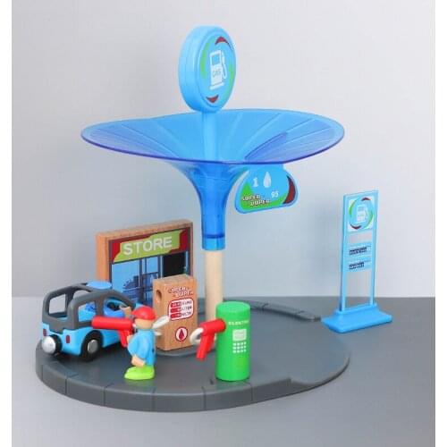 Wooden Universal Track Accessorie Gas Station Fuel Tank Engineering Transportation Car Model Parking Lot Set Childrens Toy Gift