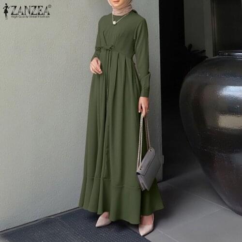 ZANZEA Muslim Dress Casual Party Lace Up Long Dresses Kaftan Long Sleeve Marocain Turkish Vestidos Female Femme Islam Clothing
