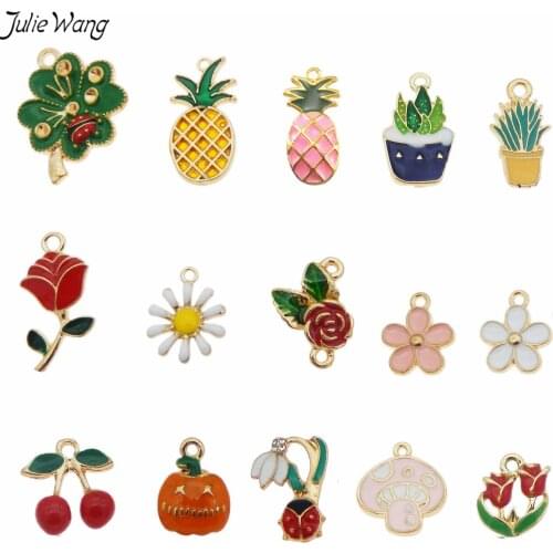 Julie Wang 5pcs/lot Zinc Alloy Enamel Fruit Series Hanging Pendant Mixed Charm Randomly Bracelet Jewelry DIY Accessory