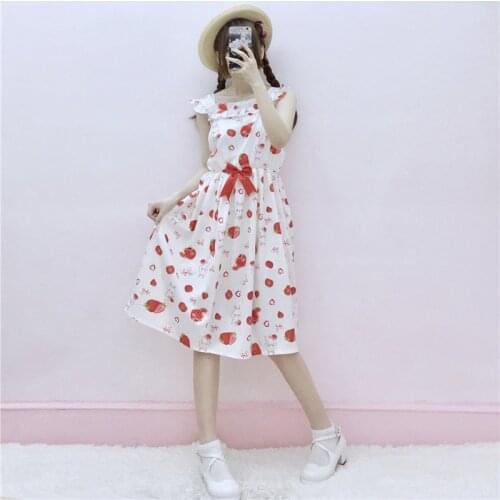 Strawberry Rabbit Sweet Women Suspender JSK Dress Fresh Cute Women Sleeveless Dress Ruffles Summer Women Fashion One Piece Girls