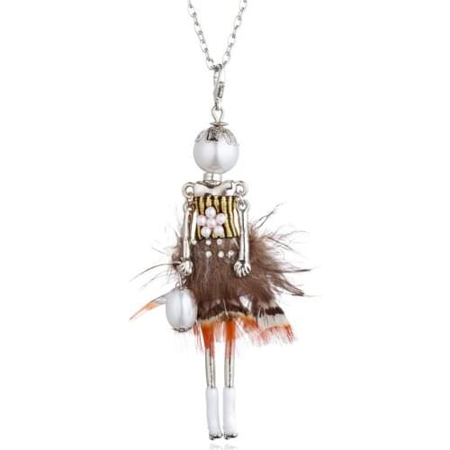 Peacock Feather Pearl Flower Short Dress Doll Pendant Necklaces Pearl Head Cute Girl Statement Maxi Jewelry Long Chain Collares