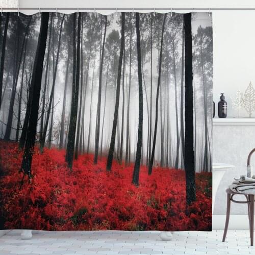 Woodland Shower Curtain Set Trees on Vermilion Covered Forest Curtain for Bathroom Decor 12 Hooks Decorative Bath Accessory