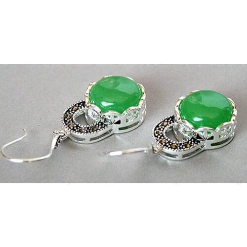 Fashion 925 Sterling Silver Natural Green Natural jade Marcasite Earrings 14/5"