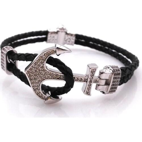 Fashion Hot Sales Brand Jewelry Micro-zircon Mens Bracelet Boat Anchor Leather Bracelet Rope Vintage Cuff Bracelet 18-24 CM